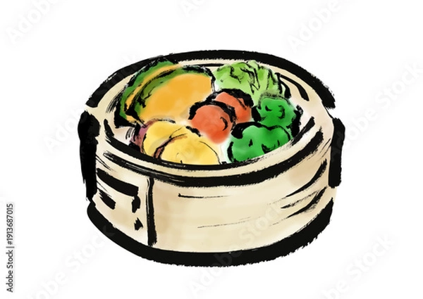 Obraz 蒸篭に入っている野菜の和風筆イラスト素材