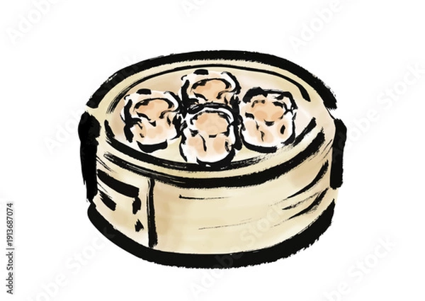 Obraz 蒸篭に入っている焼売の和風筆イラスト素材