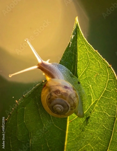 Obraz Tiny snail on leaf, backlit by sunlight, creating a warm, soft glow