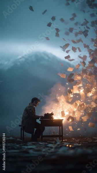 Fototapeta Author typing with creative explosion and flying papers