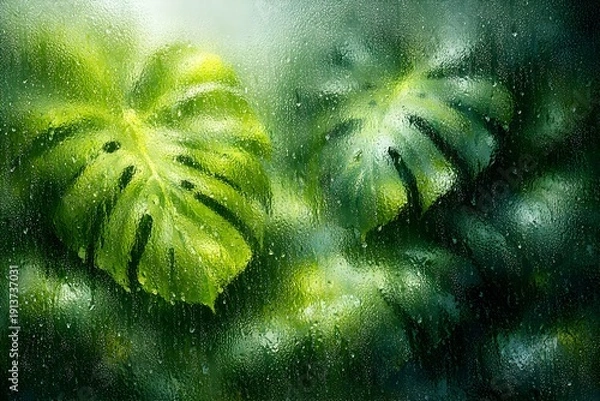 Obraz 磨りガラス越しのモンステラ × 湿潤に滲む鮮緑の光 × ウェルネス・空間デザイン向け高級抽象背景