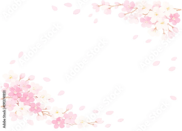 Obraz 桜の花と花びらが舞うフレーム　イラスト素材
