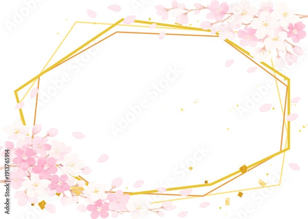 Obraz 水彩風の桜とゴールドのフレーム素材　あしらい　ベクター