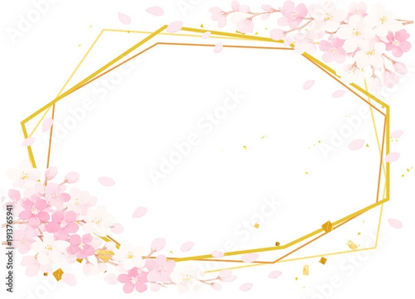 Obraz 水彩風の桜とゴールドのフレーム素材イラスト　あしらい