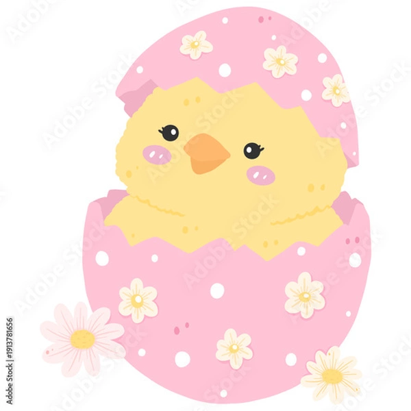Obraz Cute Easter Chick Hatching from Pink Egg with Floral Pattern Pastel Vector Illustration