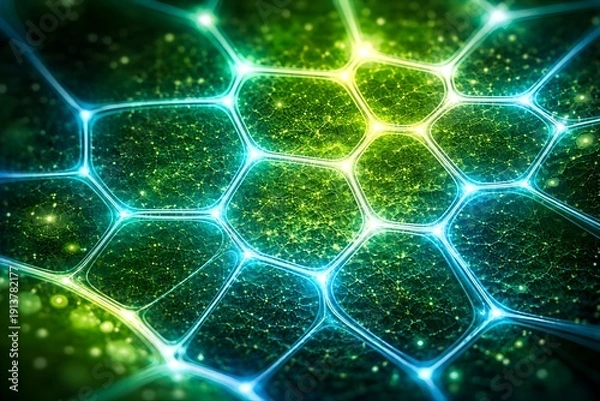 Obraz 発光する葉細胞構造 × ネオン輪郭が浮かぶバイオテック美 × バイオインフォマティクス・クリーンエネルギー向け背景