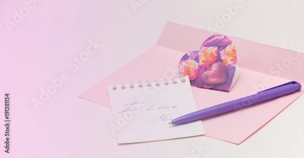 Obraz letter, Valentine card, pen, notebook on table