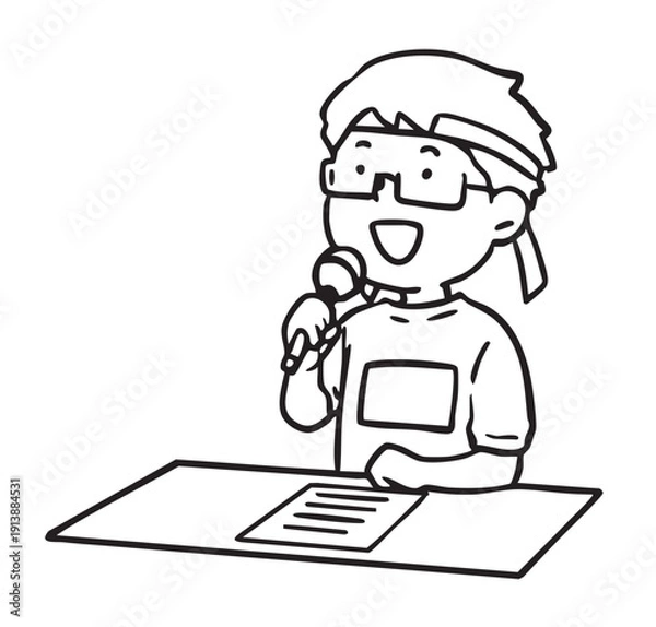 Obraz 運動会で実況アナウンスをする男の子_線画