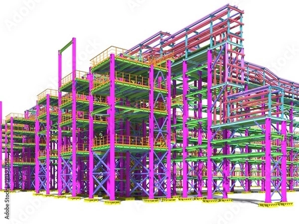 Fototapeta 3D rendering of the construction of the overpass of technological metal structures. Architectural, construction and engineering background. Isolated on a white background.