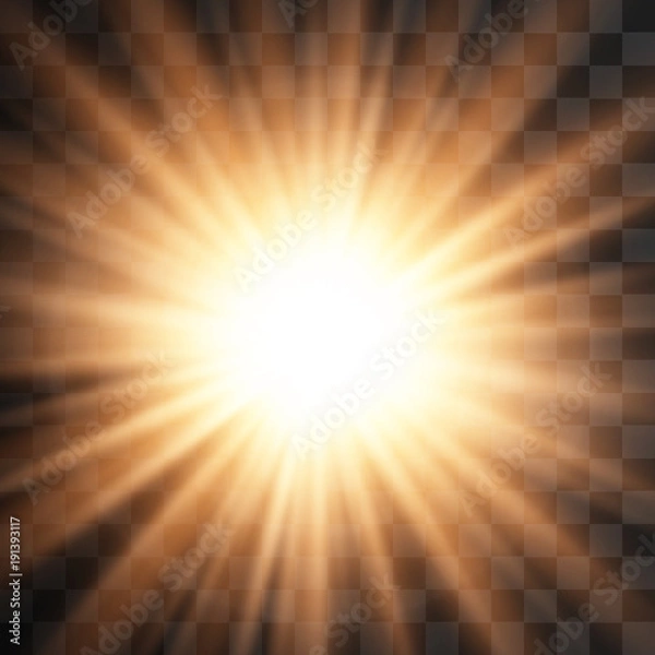 Fototapeta Gold glowing light burst  on transparent background. Vector illustration.