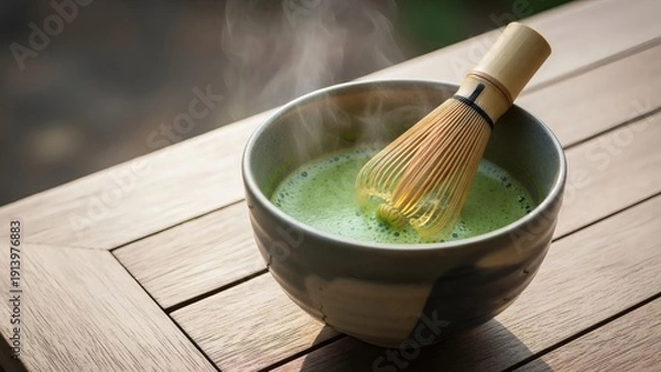 Obraz Steaming Matcha Tea in Ceramic Bowl.