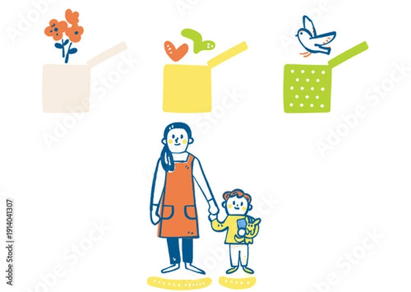 Obraz 新しい環境への不安を抱えつつも、開いた積み木の箱から溢れる希望を信じて歩む親子。多文化共生と新しい生活（パーソナル・リビルドシリーズ）