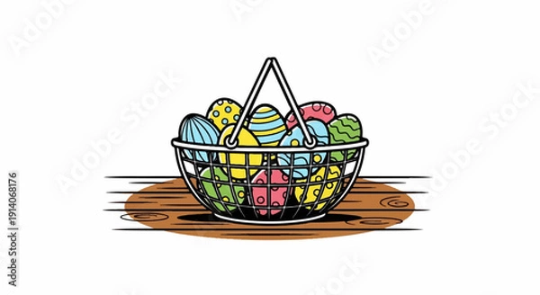 Obraz A wire basket overflows with vibrantly colored, patterned Easter eggs on a wooden surface
