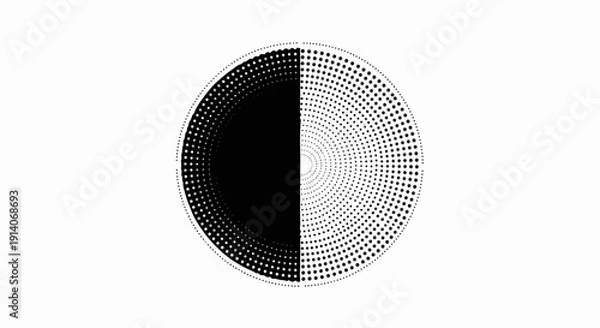 Obraz Abstract circular pattern with radiating dots, half solid black, half white with gray dots