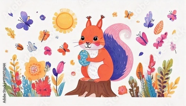 Obraz 切り株に座ってクルミを持っているリスのイラスト