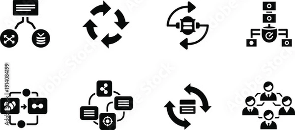 Fototapeta Eight icons illustrating data processing, system integration, and team collaboration