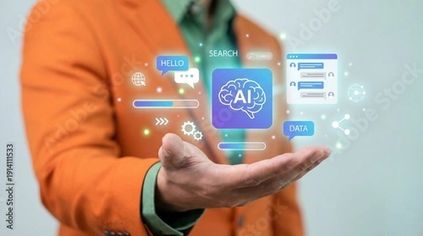 Obraz Person holding artificial intelligence chatbot interface elements symbolizing data and search