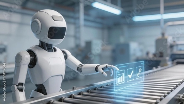 Obraz Robot interacting with digital interface in factory