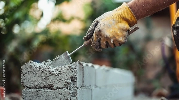 Obraz Construction worker placing concrete block