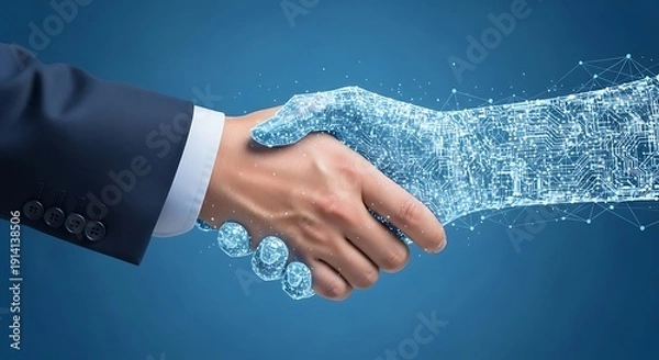 Obraz Handshake between human and robotic hand with digital particles