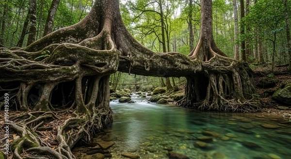 Obraz Tree roots bridge over flowing water