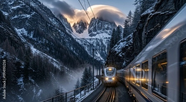 Obraz Train journey through snow covered mountains