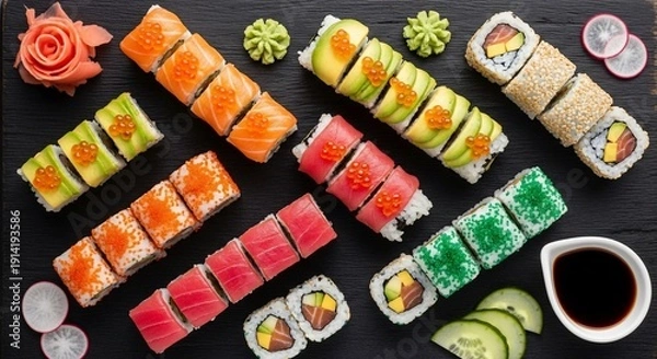 Obraz Sushi rolls arrangement on dark surface