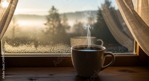 Obraz Steaming coffee cups by window view