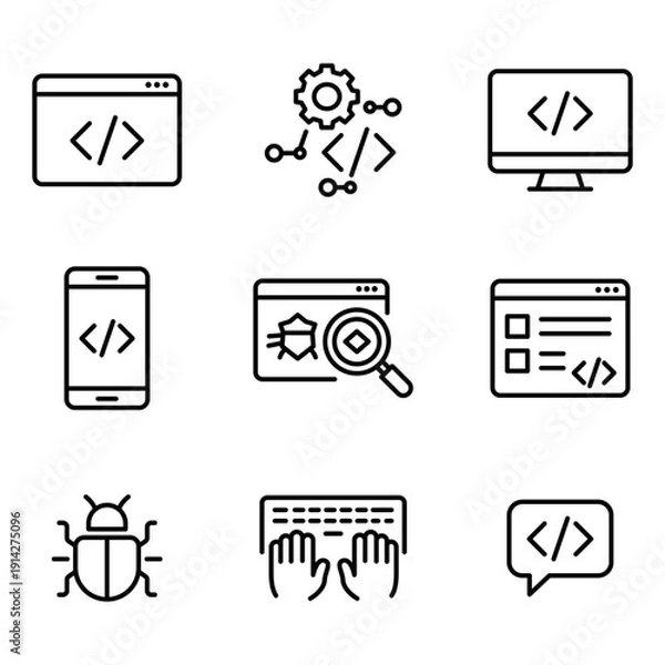 Fototapeta Coding and development icons including debugging and software interfaces.