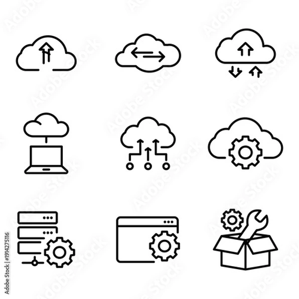 Fototapeta Cloud computing icons: network, storage, settings, synchronization, upload.