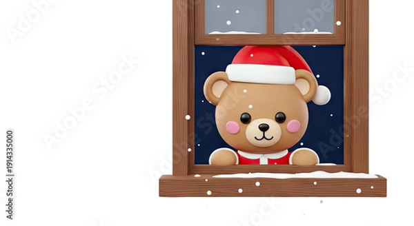 Obraz Cute Christmas Bear Looking Through a Snowy Window