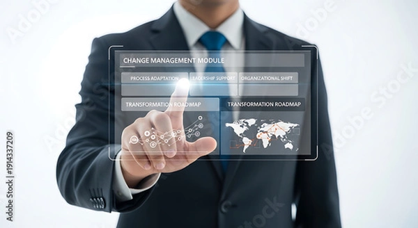 Obraz Businessman interacting with futuristic digital interface with global map