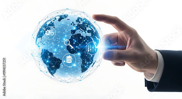 Obraz Businessman touching digital globe with global network