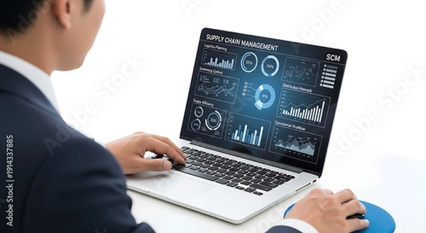 Obraz Businessman analyzing data on laptop with futuristic interface