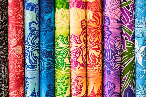 Obraz Rainbow Aloha Hawaiian Print Fabric on sale at the Swap Meet on Oahu, showing tropical hawaiian concept