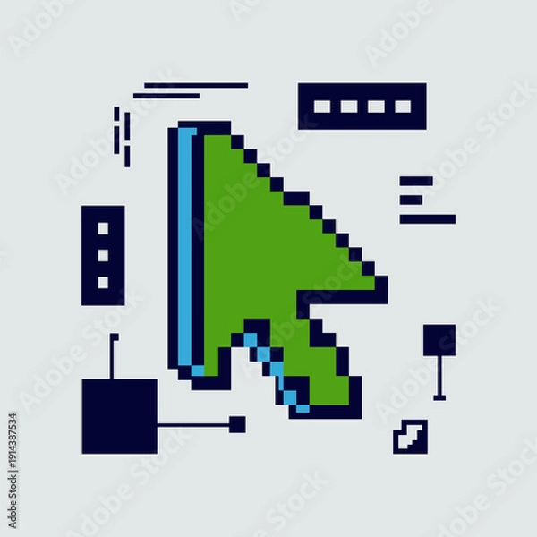 Obraz Pixelated computer mouse cursor pointing forward with abstract digital interface elements and data flow lines for technology concept presentation web design and UI UX development illustration