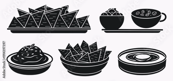 Obraz Mexican Nachos, Chips, and Dips Silhouette Vector Icon Set