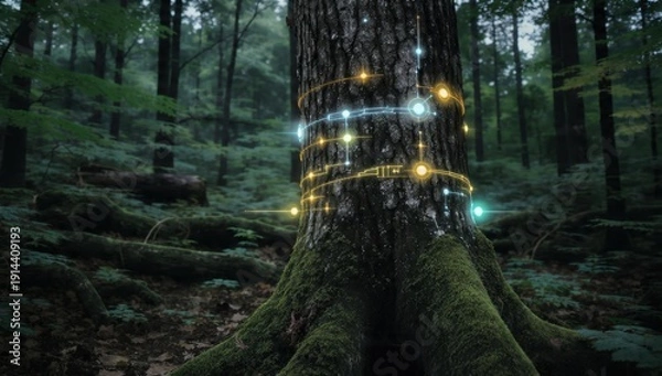 Obraz Tree trunk with futuristic glowing technology