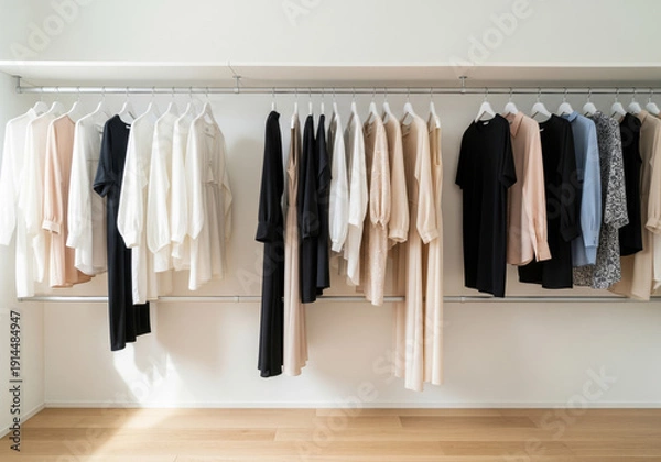 Obraz 白と黒を基調としたミニマルな衣類が美しく並ぶ整理されたクローゼット