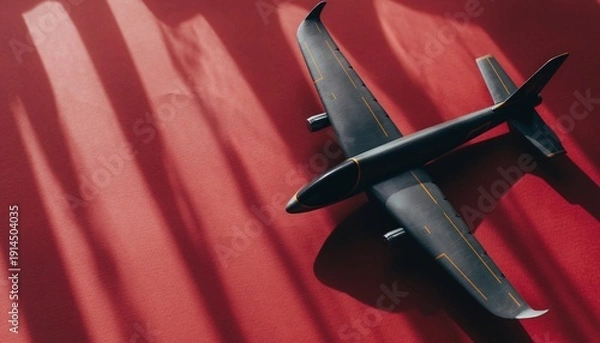Obraz Dark gray model airplane resting on a textured red surface with dramatic shadows.