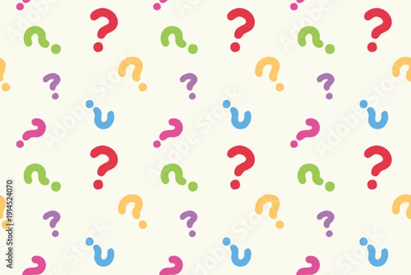 Obraz ランダムに散らばるカラフルな疑問符模様のシームレスパターン　ポップなはてなマーク(クエスチョンマーク)柄のベクター背景イラスト