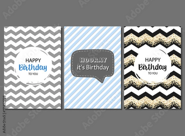 Obraz Set of vector cards for man birthday. Greeting, invitation, happy birthday cards. Geometric stripes and cute pattern. Cards for boys.