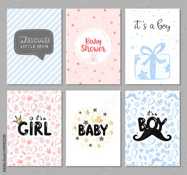 Obraz Vector set of 6 color baby shower cards for girls and boys. It's a boy card. It's a girl. Hello baby card. Vector invitation with cute pattern, balloon, gift. Baby arrival and shower collection.