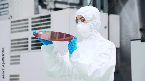 Obraz 半導体、工場、製造、シリコンウエハー、防塵服、クリーンルーム、洗浄、確認、チェック、検査、検品、点検、製造業、日本人、防護服、加工、レジストコーティング、フォトリソグラフィ、男性、エッチング、レジスト、モノづくり、半導体工場、シリコン、SiC、ウエハー、ウェハー、RTP、ラピッドサーマルプロセス、RCA洗浄、プロセス、後工程、ダイシング、マシンオペレーター、テクノロジー、エンジニア、作業員、目視、