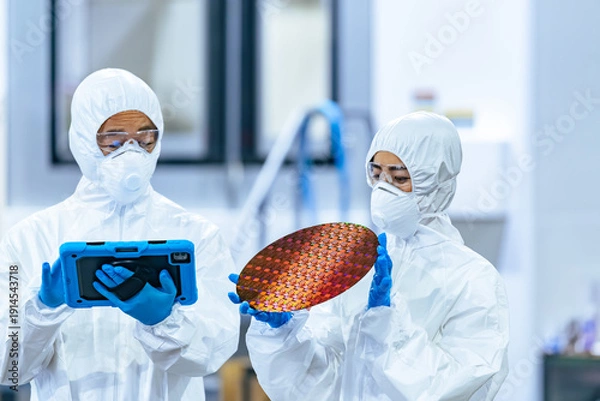Obraz 半導体工場でタブレットを持ってシリコンウエハーを検査する防護服を着た男女作業員