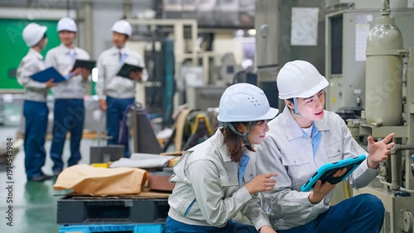 Obraz 工場、製造業、点検、メンテナンス、検査、作業員、機械、タブレット、DX、IIoT、安全、日本人、管理、保守、確認、チェック、男性、女性、チームワーク、グループ、視察、配管、設備、装置、制御、システム、アプリ、産業、工業、モノづくり、エンジニア、人材、仕事、働く、作業服、現場、電子化、テクノロジー、指導、ヘルメット、フィールドエンジニア、マシンオペレーター、整備、工作機械、メーカー、物流、相談、操作