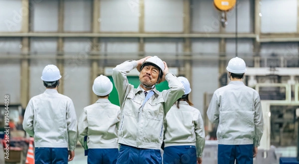 Obraz 工場の中で部下に背を向けられショックを受ける作業員リーダー