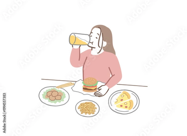 Obraz ビールを飲んだりジャンクフードを食べたりする食欲旺盛な女性のイラスト素材