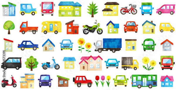 Obraz 水彩風 家と車とバイクと木と花のかわいいアイコンセット 正面 乗り物と住宅イラスト素材