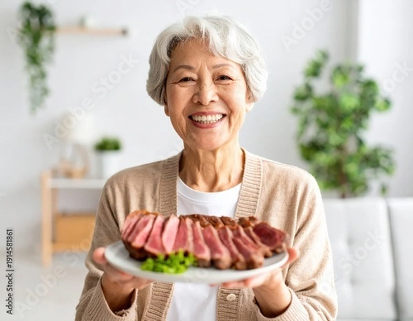 Obraz 高齢女性が肉料理